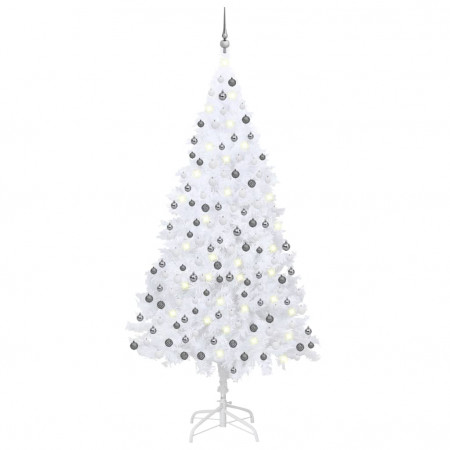 Brad de Crăciun artficial cu LED-uri&globuri, alb, 210 cm, PVC