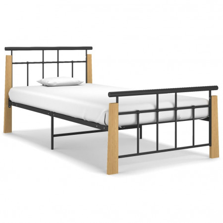 Cadru de pat, 90x200 cm, metal și lemn masiv de stejar - Img 1