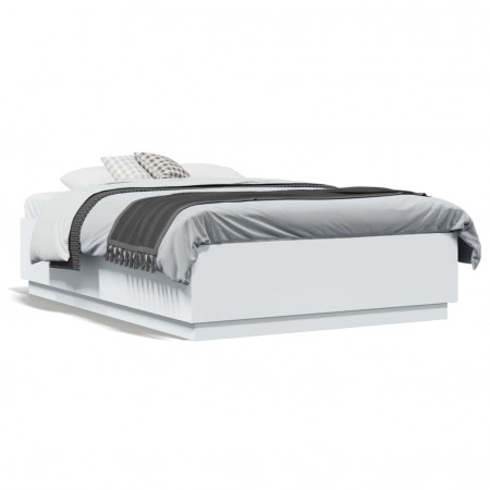 Cadru de pat cu lumini LED, alb, 135x190 cm, lemn prelucrat
