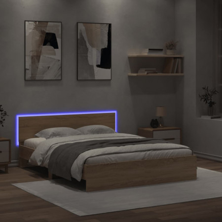 Cadru de pat cu tăblie și LED, stejar sonoma, 160x200 cm