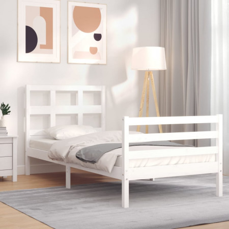 Cadru de pat cu tăblie single mic, alb, lemn masiv