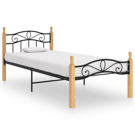 Cadru de pat, negru, 90x200 cm, metal și lemn masiv de stejar - Img 1