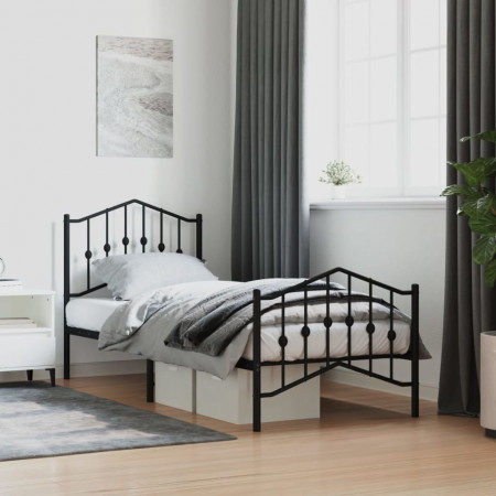 Cadru pat metalic cu tăblii de cap/picioare negru, 80x200 cm