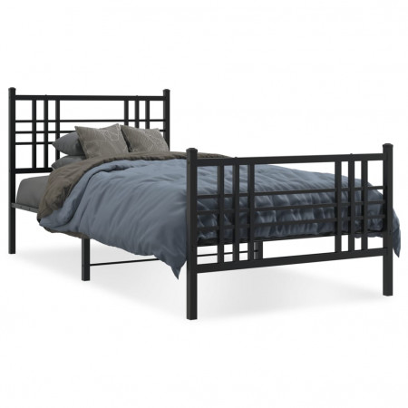 Cadru pat metalic cu tăblii de cap/picioare, negru, 90x200 cm