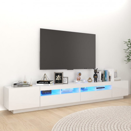 Comodă TV cu lumini LED, alb extra lucios, 260x35x40 cm - Img 1