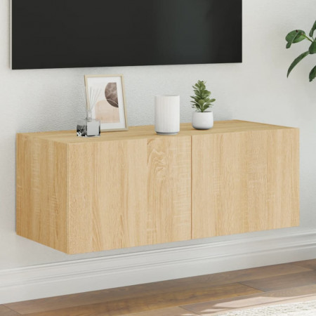 Comodă TV de perete cu lumini LED, stejar sonoma, 80x35x31 cm
