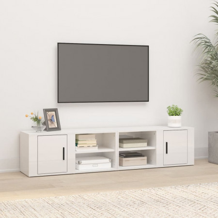 Comode TV, 2 buc., alb extralucios 80x31,5x36 cm lemn prelucrat
