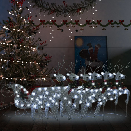 Decor Crăciun cu reni și sanie, 140 LED-uri, argintiu, exterior
