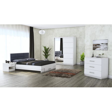 Dormitor Solano, alb, dulap 150 cm, pat cu tablie tapitata gri 160×200 cm, 2 noptiere, comoda - Img 1