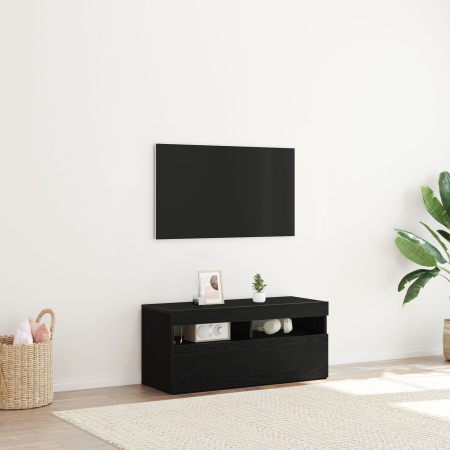Dulap TV cu LED-uri Stejar Negru 90x35x40 cm Lemn