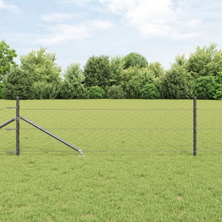 Gard hexagonal gri 0.8x10 m din oțel, Stâlpi de gard cu vârf 7 piese Ø32 mm 100 cm din oțel galvanizat