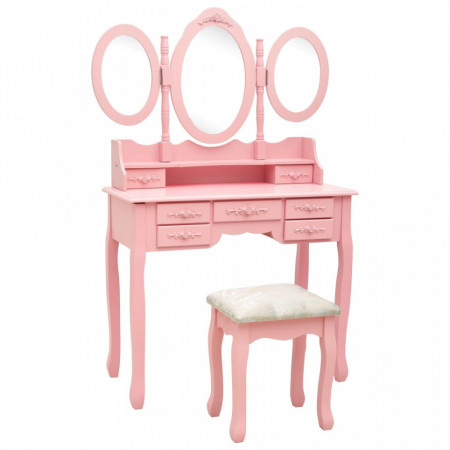 Masă de toaletă cu taburet și triptic oglinzi, roz - Img 1