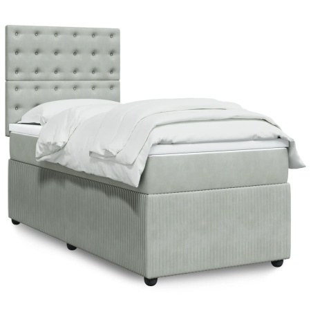 Pat box spring cu saltea, gri deschis, 90x190 cm, catifea