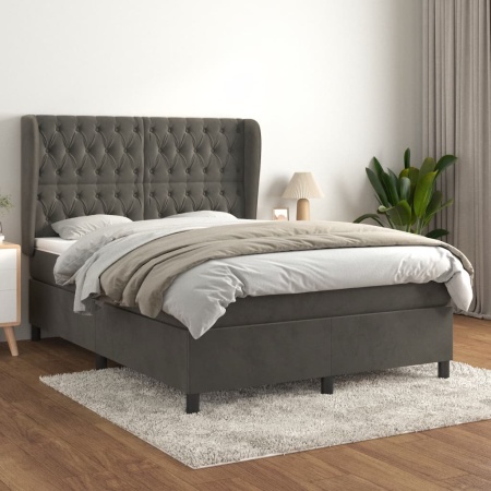 Pat box spring cu saltea, gri închis, 140x190 cm, catifea - Img 1