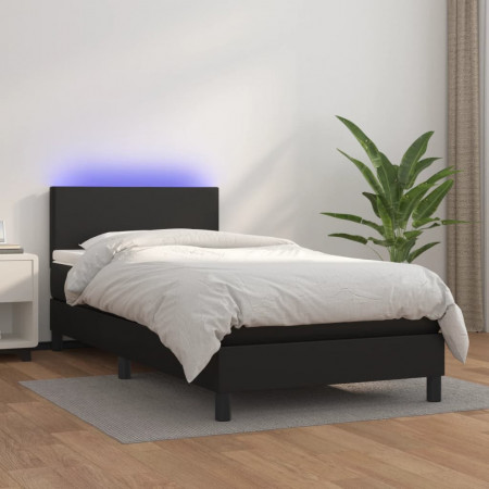Pat cu arcuri, saltea și LED, negru, 100x200cm, piele ecologică