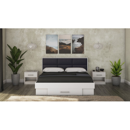 Pat Solano Alb cu noptiere si saltea, tablie tapitata negru, 140×200 cm