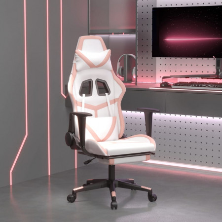 Scaun de gaming cu suport picioare, alb/roz, piele ecologică - Img 1