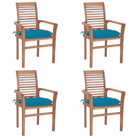 Scaune de masă, 4 buc, perne albastru deschis, lemn masiv tec - Img 1