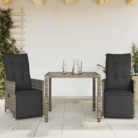 Set bistro de grădină cu perne, 3 piese, gri, poliratan