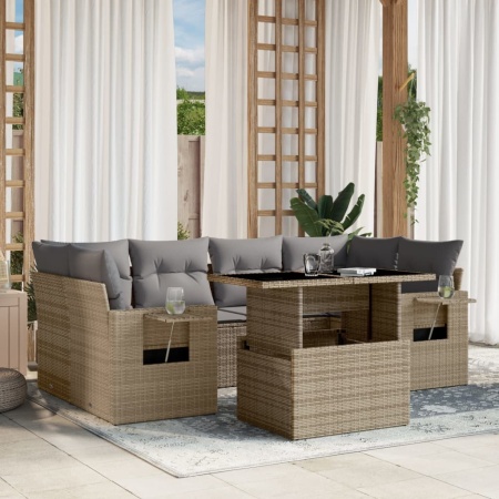 Set canapele de grădină, 7 piese, cu perne, bej, poliratan