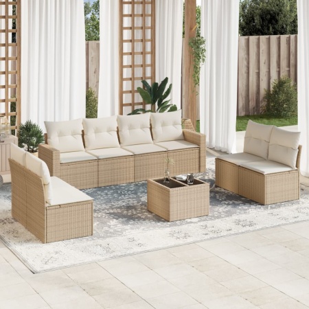 Set canapele de grădină, 9 piese, cu perne, bej, poliratan