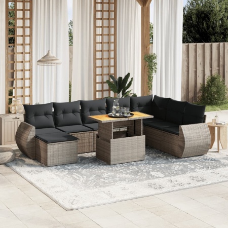 Set canapele de grădină, 9 piese, cu perne, gri, poliratan