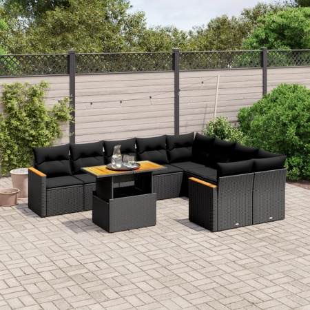 Set canapele de grădină cu perne, 10 piese, negru, poliratan