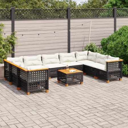 Set canapele de grădină cu perne, 10 piese, negru, poliratan