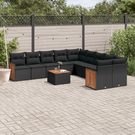 Set canapele de grădină cu perne, 11 piese, negru, poliratan