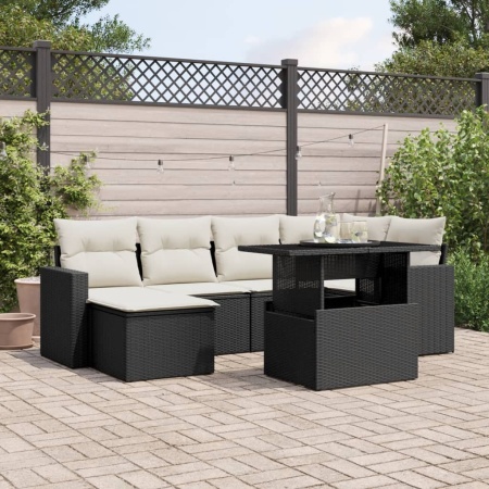 Set canapele de grădină cu perne, 7 piese, negru, poliratan