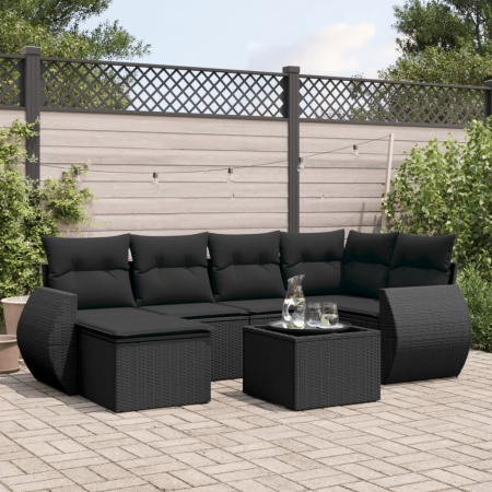 Set canapele de grădină cu perne, 7 piese, negru, poliratan