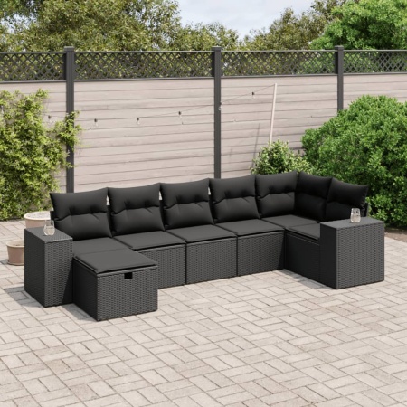Set canapele de grădină cu perne, 7 piese, negru, poliratan