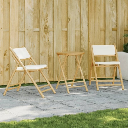 Set de bistro pliabil, 3 piese, cu perne alb crem, bambus