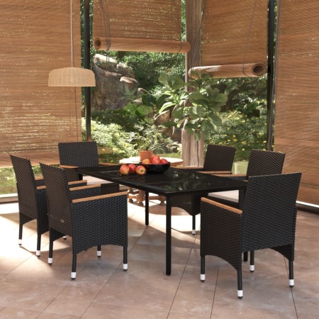 Set de masă pentru grădină, 7 piese, cu perne, negru
