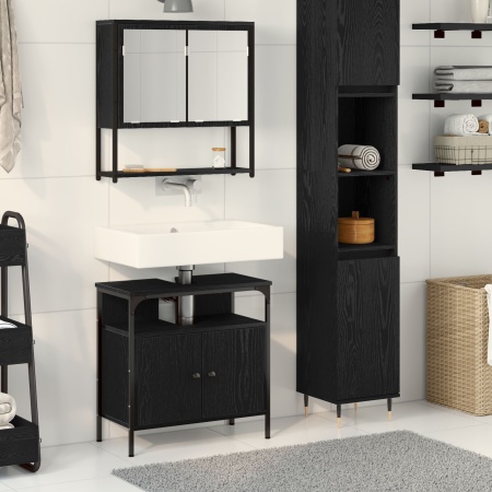 Set de mobilă pentru baie 2 piese din lemn laminat stejar negru