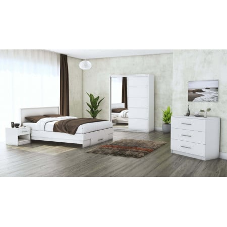 Set Dormitor Beta, alb, Dulap 150 cm, Pat 140×200 cm, 2 noptiere, comoda
