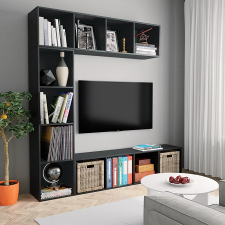 Set dulap cărți/TV, 3 piese, negru, 180x30x180 cm