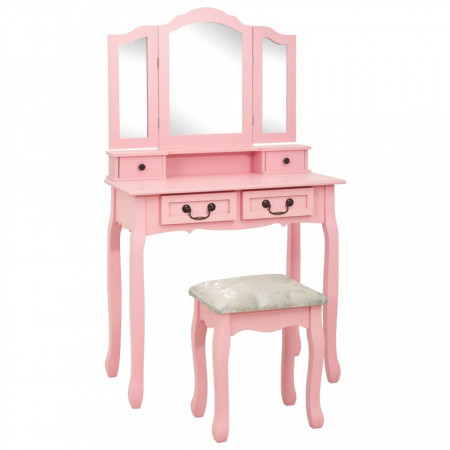 Set masă de toaletă cu taburet roz 80x69x141 cm lemn paulownia - Img 1