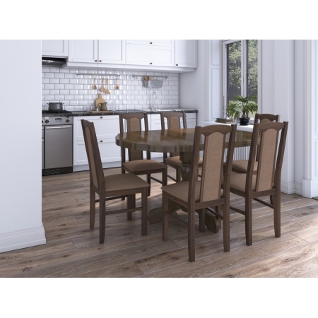 Set masa extensibila Kan 100x135 cm, lemn masiv, culoare nuc, blat din mdf cu 6 scaune tapitate S-37 Boss7 o15, stofa