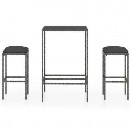 Set mobilier bar de grădină, cu perne, 3 piese, gri, poliratan