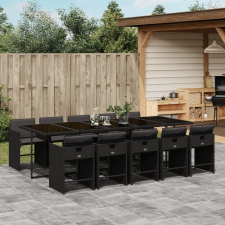 Set mobilier de exterior cu perne, 11 piese, negru, poliratan