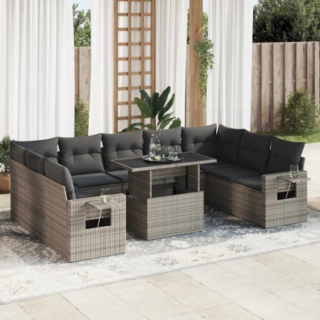 Set mobilier de grădină cu perne, 10 piese, gri, poliratan