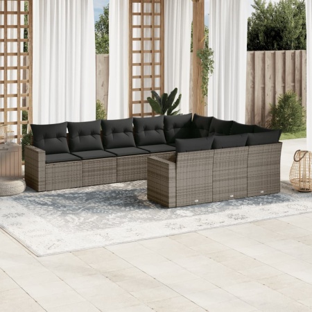 Set mobilier de grădină cu perne, 10 piese, gri, poliratan