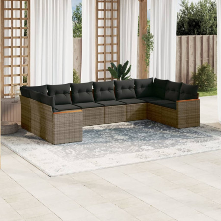 Set mobilier de grădină cu perne, 10 piese, gri, poliratan