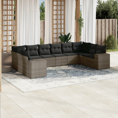 Set mobilier de grădină cu perne, 10 piese, gri, poliratan