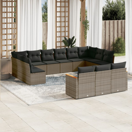 Set mobilier de grădină cu perne, 13 piese, gri, poliratan