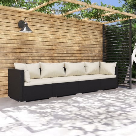 Set mobilier de grădină cu perne, 4 piese, negru, poliratan