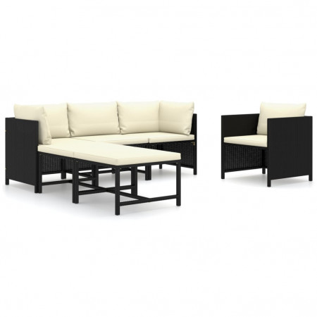 Set mobilier de grădină cu perne, 6 piese, negru, poliratan