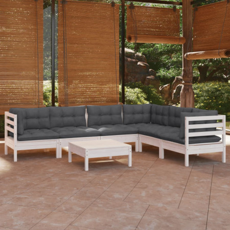 Set mobilier de grădină cu perne, 7 piese, alb, lemn masiv pin