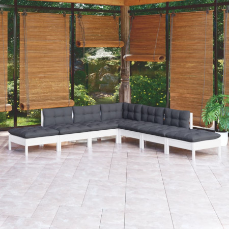 Set mobilier de grădină cu perne, 7 piese, alb, lemn masiv pin